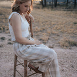 Latte Luci ladies linen pants fabric close-up showing quality natural linen weave