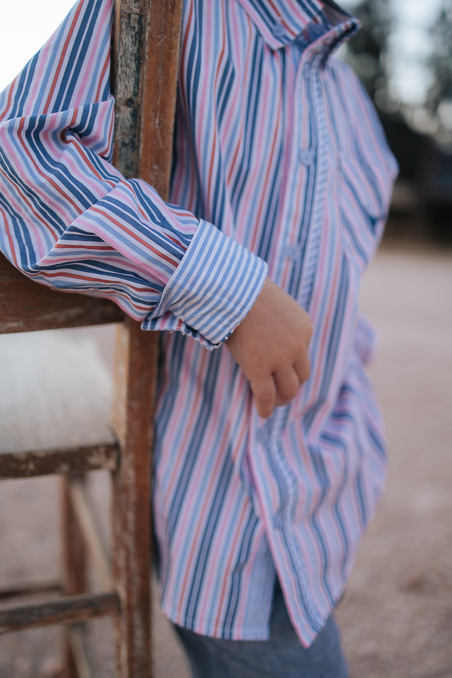 Ralph multi stripe blue long sleeve shirt flatlay showing full multi-stripe blue shirt design