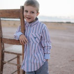 Ralph multi stripe blue long sleeve shirt side view showing relaxed men's shirt fit