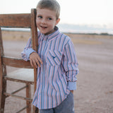 Ralph multi stripe blue long sleeve shirt side view showing relaxed men's shirt fit