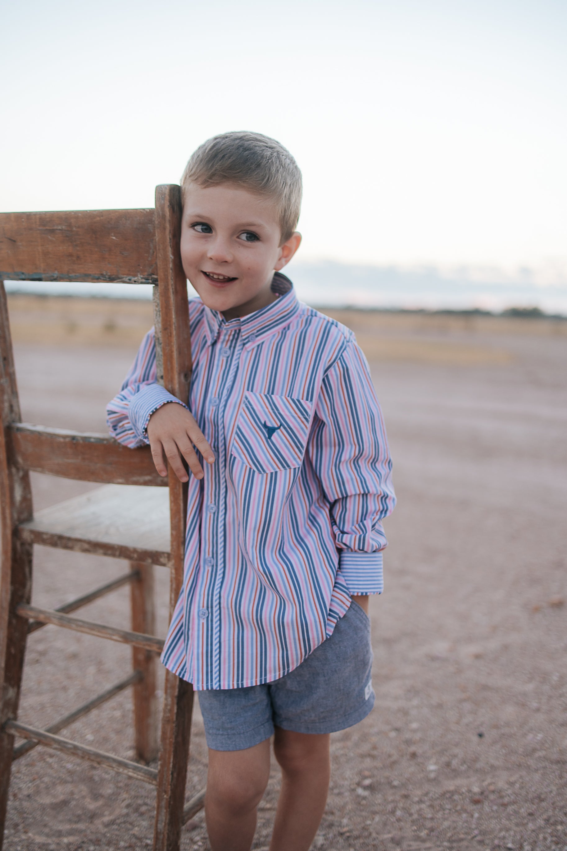 Ralph multi stripe blue long sleeve shirt side view showing relaxed men's shirt fit