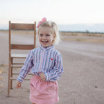 Lauren multi stripe pink ruffle long sleeve shirt flatlay showing full pink stripe ruffle shirt design