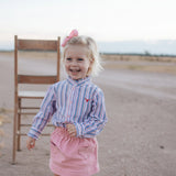 Lauren multi stripe pink ruffle long sleeve shirt flatlay showing full pink stripe ruffle shirt design