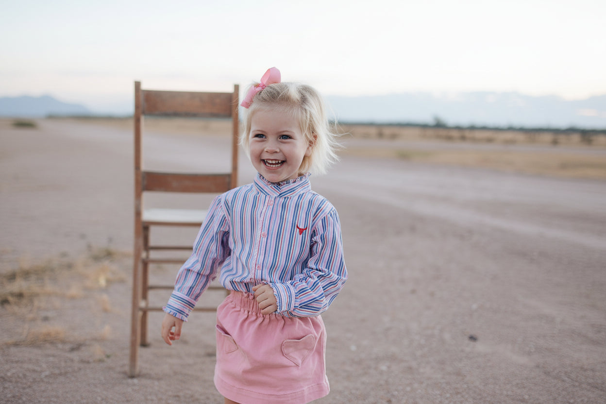 Lauren multi stripe pink ruffle long sleeve shirt flatlay showing full pink stripe ruffle shirt design