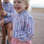"Lauren" Multi Stripe Pink Ruffle Long Sleeve Shirt-Little Windmill Clothing Co