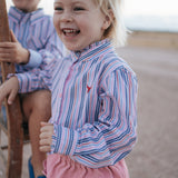 "Lauren" Multi Stripe Pink Ruffle Long Sleeve Shirt-Little Windmill Clothing Co