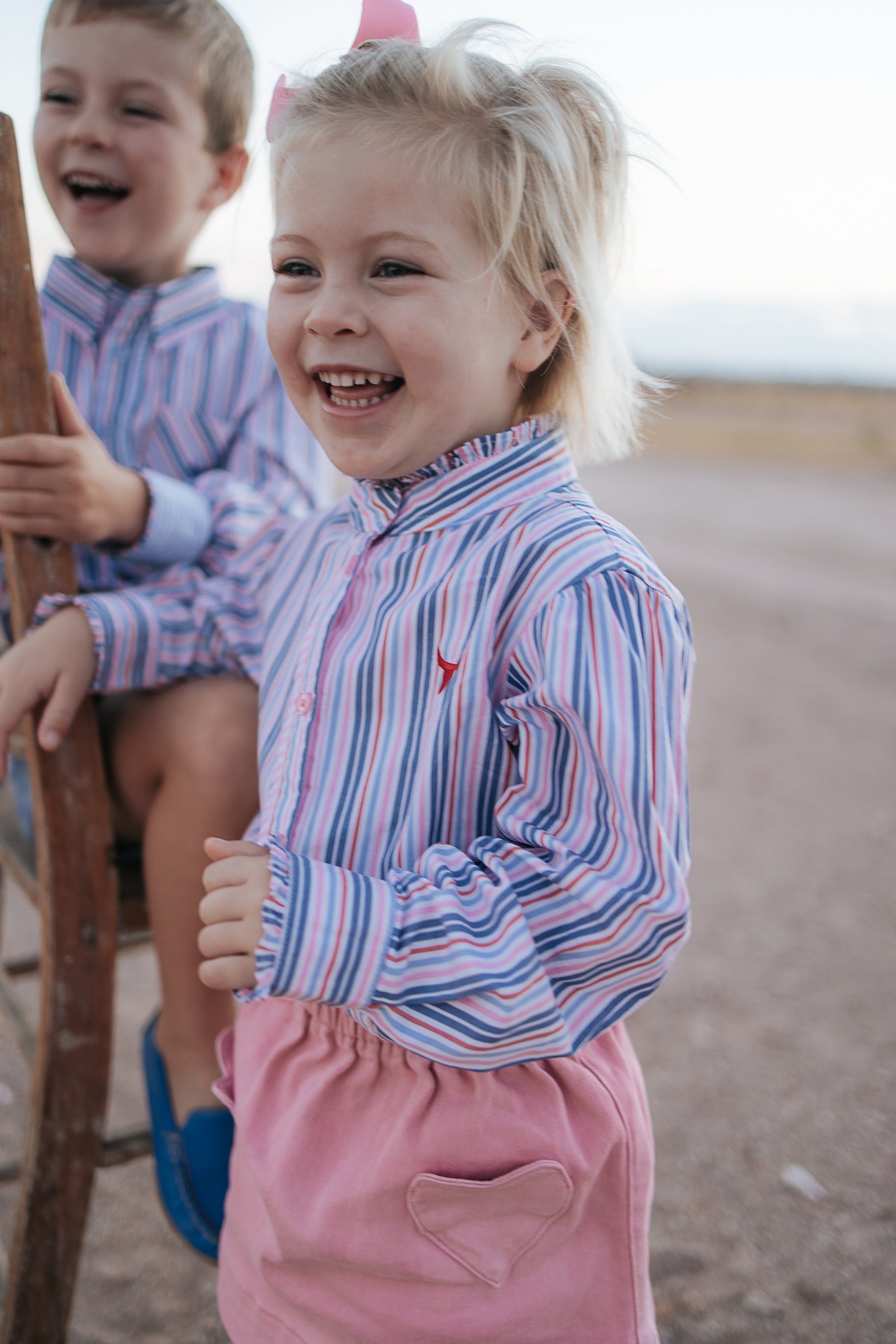 "Lauren" Multi Stripe Pink Ruffle Long Sleeve Shirt-Little Windmill Clothing Co