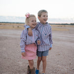 "Lauren" Multi Stripe Pink Ruffle Long Sleeve Shirt-Little Windmill Clothing Co