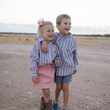 "Lauren" Multi Stripe Pink Ruffle Long Sleeve Shirt-Little Windmill Clothing Co