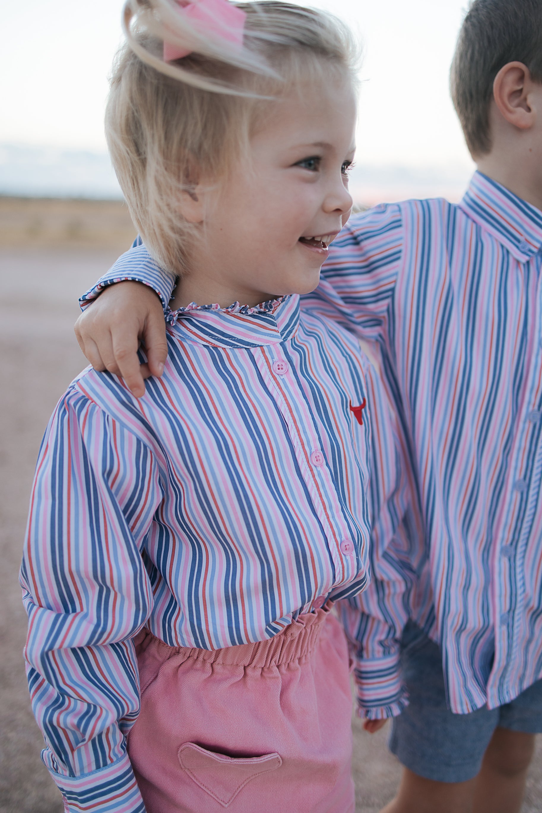 "Lauren" Multi Stripe Pink Ruffle Long Sleeve Shirt-Little Windmill Clothing Co