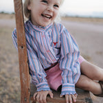 Lauren multi stripe pink ruffle long sleeve shirt ruffle detail showing beautiful front ruffle trim