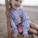 Lauren multi stripe pink ruffle long sleeve shirt ruffle detail showing beautiful front ruffle trim