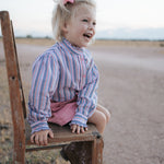 "Lauren" Multi Stripe Pink Ruffle Long Sleeve Shirt-Little Windmill Clothing Co