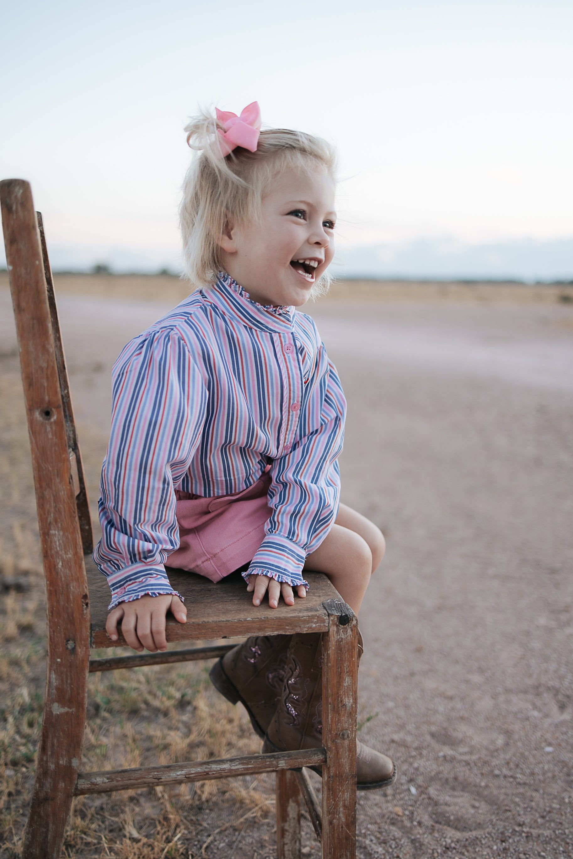 "Lauren" Multi Stripe Pink Ruffle Long Sleeve Shirt-Little Windmill Clothing Co