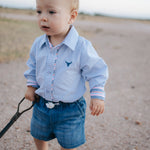 Rhett multi stripe blue long sleeve romper size detail showing available sizes for kids
