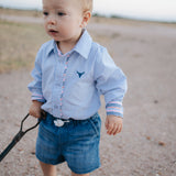 Rhett multi stripe blue long sleeve romper size detail showing available sizes for kids