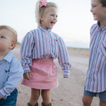"Lauren" Multi Stripe Pink Ruffle Long Sleeve Shirt-Little Windmill Clothing Co