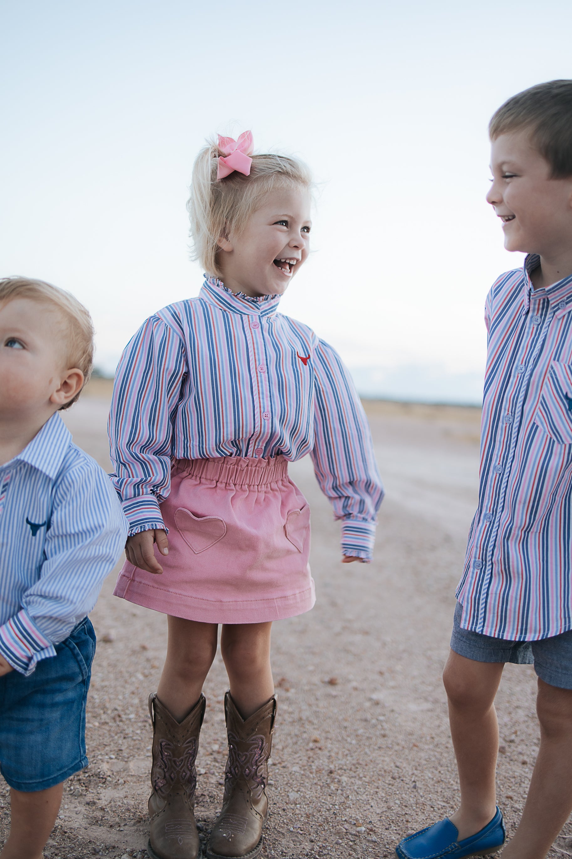 "Lauren" Multi Stripe Pink Ruffle Long Sleeve Shirt-Little Windmill Clothing Co