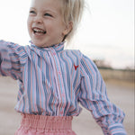 Lauren multi stripe pink ruffle long sleeve shirt back view showing relaxed women's fit in pink stripe
