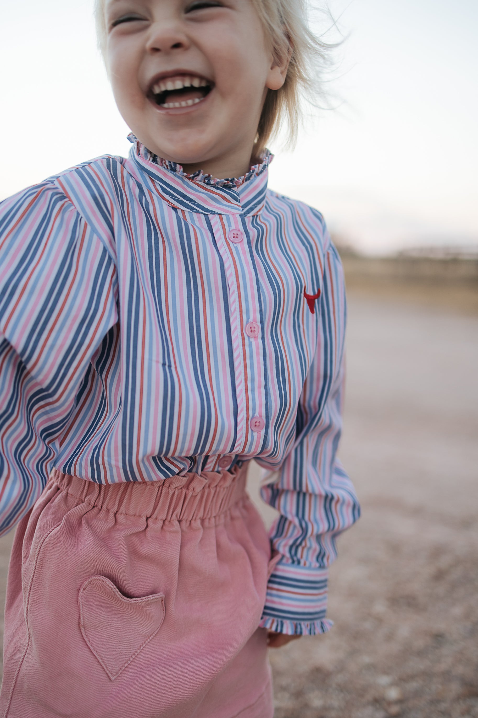 "Lauren" Multi Stripe Pink Ruffle Long Sleeve Shirt-Little Windmill Clothing Co