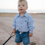 "Rhett" Multi Stripe Blue Long Sleeve Romper-Little Windmill Clothing Co