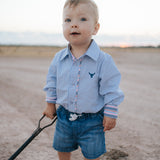 "Rhett" Multi Stripe Blue Long Sleeve Romper-Little Windmill Clothing Co