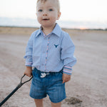 "Rhett" Multi Stripe Blue Long Sleeve Romper-Little Windmill Clothing Co