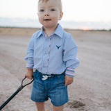"Rhett" Multi Stripe Blue Long Sleeve Romper-Little Windmill Clothing Co