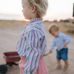 Lauren multi stripe pink ruffle long sleeve shirt worn showing feminine western country women's style
