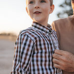 Tuff dust gingham long sleeve shirt worn showing smart country casual men's style in dusty gingham