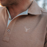 Clay Guy dust brown men's polo shirt worn showing smart casual dust brown country style