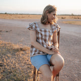 Dusty gingham women's blouse back view showing relaxed women's fit in dusty gingham check