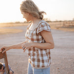 Dusty gingham women's blouse worn showing charming country casual women's look in dusty gingham