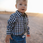 Cody green and navy gingham long sleeve romper front view showing sweet green and navy check romper
