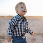 Cody green and navy gingham long sleeve romper flatlay showing full green navy check design