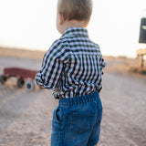 "Cody" Green and Navy Gingham Long Sleeve Romper-Little Windmill Clothing Co