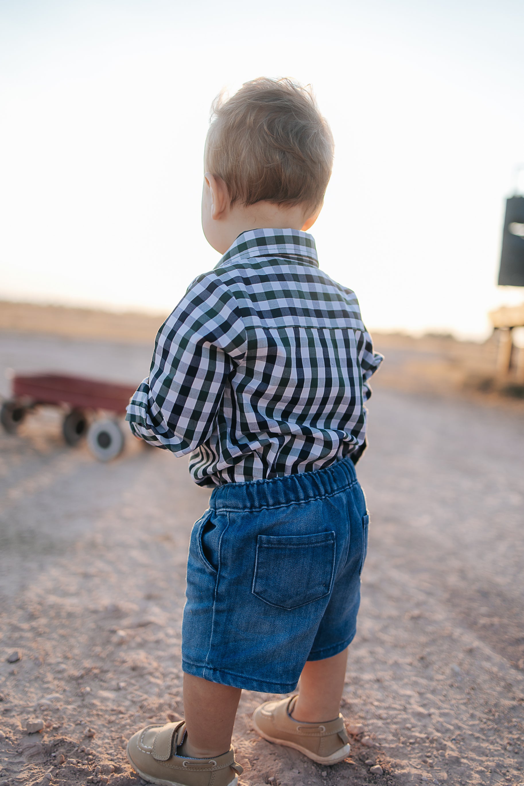 "Cody" Green and Navy Gingham Long Sleeve Romper-Little Windmill Clothing Co