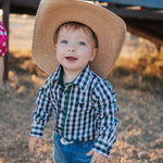 "Cody" Green and Navy Gingham Long Sleeve Romper-Little Windmill Clothing Co