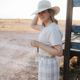 Latte Luci ladies linen pants worn showing effortless country casual women's style