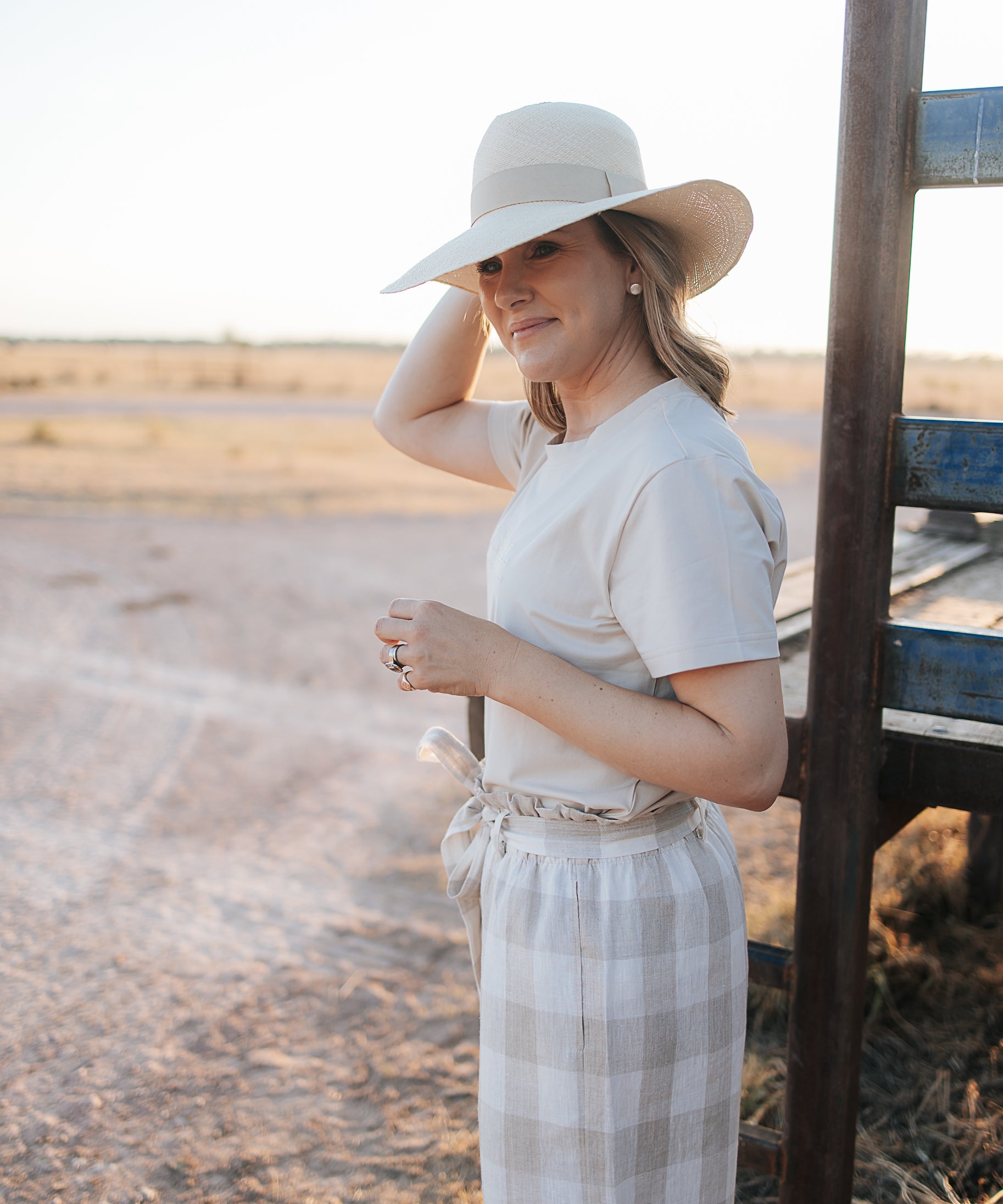 Latte Luci ladies linen pants worn showing effortless country casual women's style