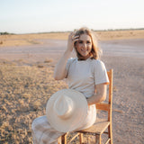 LWCC embroidered ladies tee beige worn showing boutique quality women's country casual style