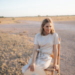 Latte Luci ladies linen pants flatlay showing full wide-leg linen pants design in latte