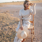 Latte Luci ladies linen pants leg detail showing wide-leg cut and quality linen drape