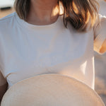 LWCC embroidered ladies tee beige embroidery close-up showing detailed LWCC logo stitch on beige