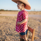 Kansas polkadot pink short sleeve blouse flatlay showing full pink polkadot blouse design