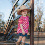 Kansas polkadot pink short sleeve blouse print close-up showing fun pink polkadot pattern