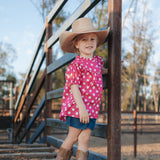 Kansas polkadot pink short sleeve blouse print close-up showing fun pink polkadot pattern