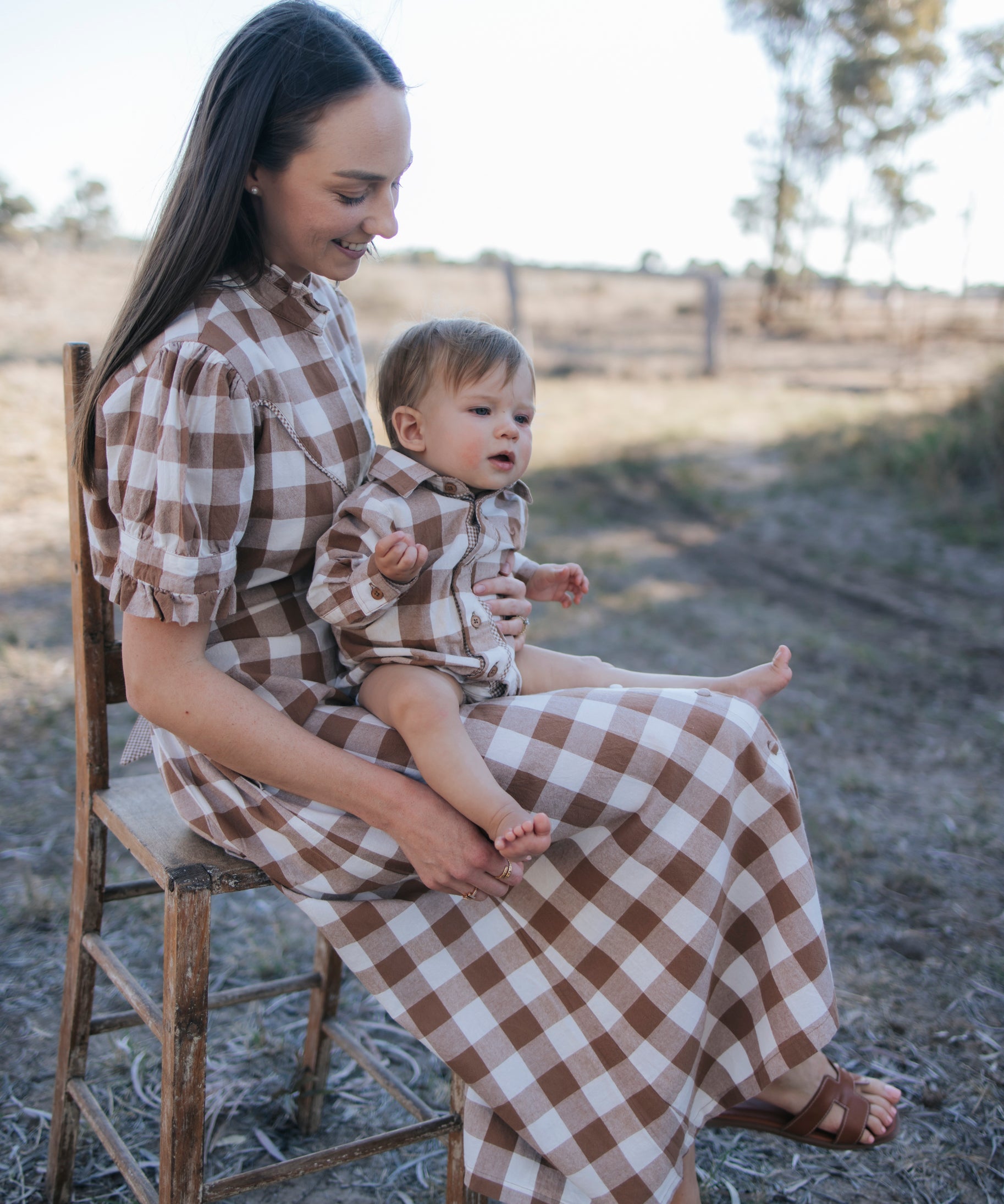"Mae" Women's Brown Gingham Dress