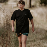 Moss green footy shorts waistband detail close-up showing quality elastic and drawstring