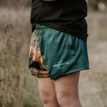 Moss green men's footy shorts front view showing relaxed fit in fresh moss green